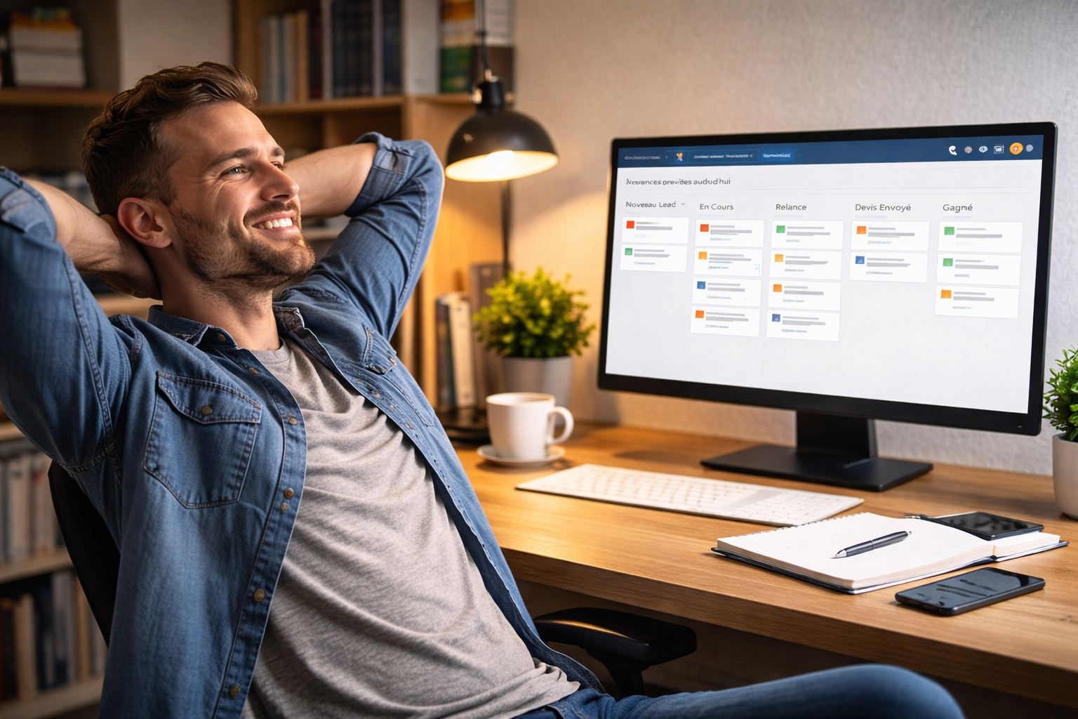 Homme d'affaires détendu devant son écran