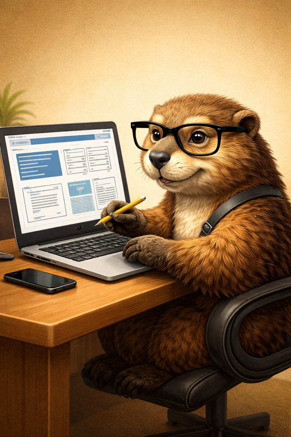 Marmotte au bureau avec ordinateur portable