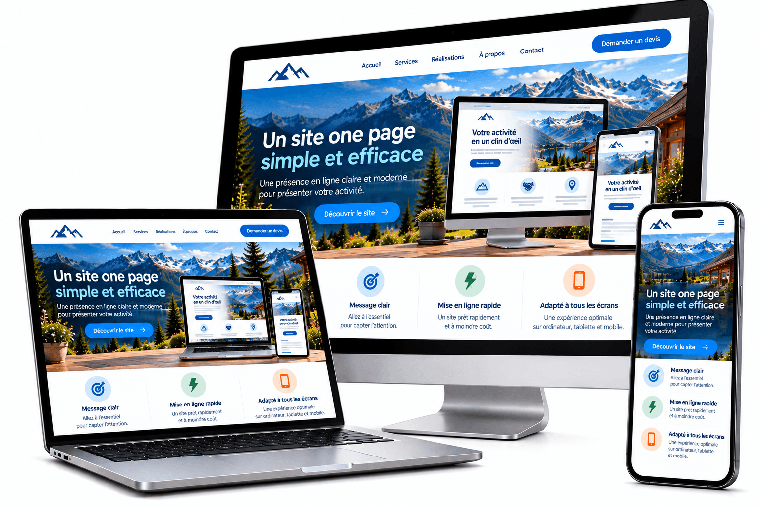 Maquette responsive one page alpine sur appareils Maquette responsive one page alpine sur appareils